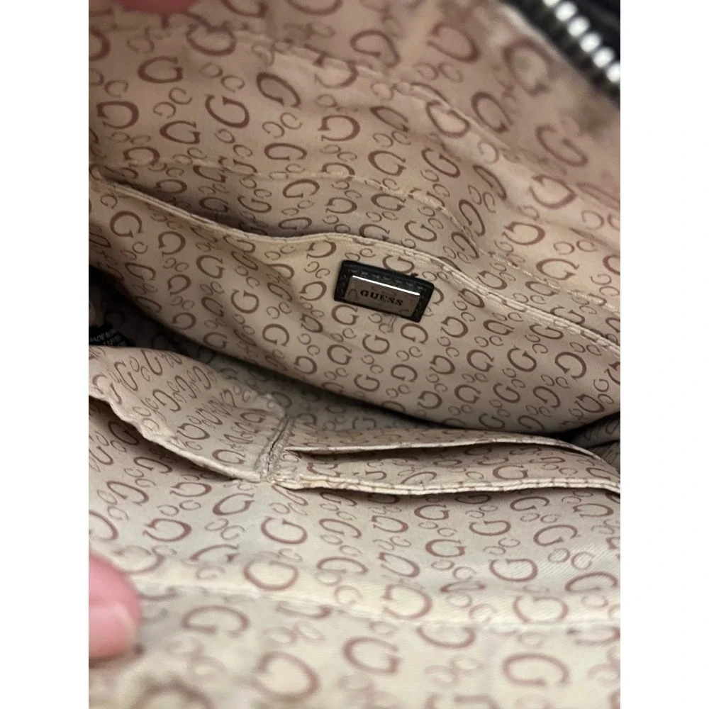 GUESS Brown Monogram Logo Satchel Handbag Tan Handles Structured‎ Zip Top Bag